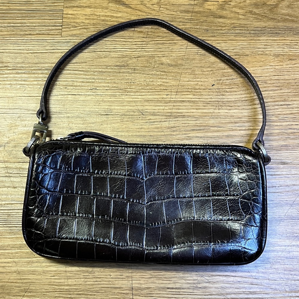 VTG Y2K Ann Taylor Croc Embossed Leather Shoulder Bag Brown Baguette Suede 2000s